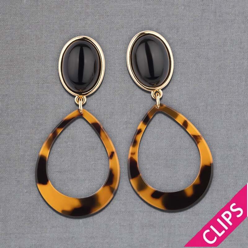 Schwarze Ohrclips mit edlem offenen Tropfen in Schildpatt-Optik von AmuseToi