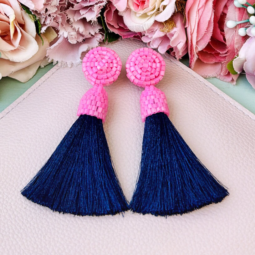Exklusive Perlen-QuastenOhrringe in Rosa und Dunkelblau