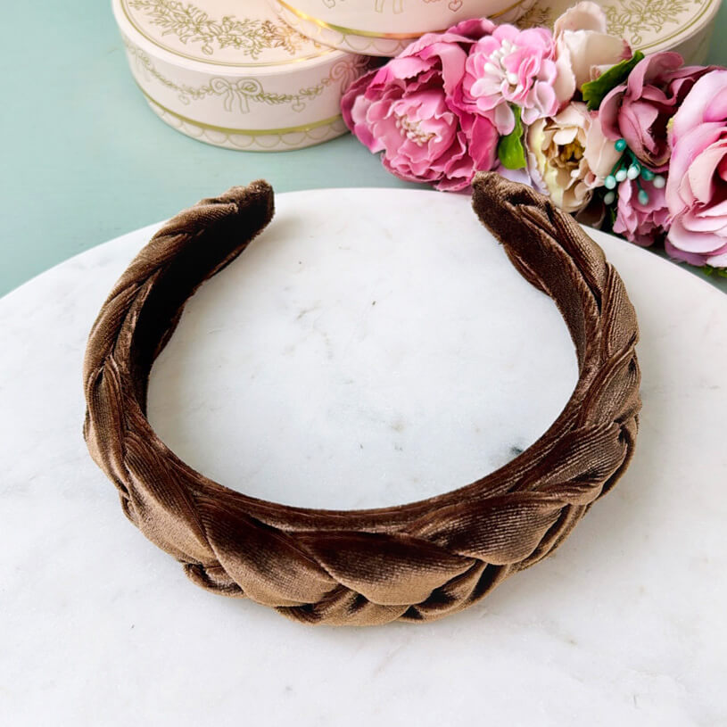 Schmaler geflochtener Samt-Haarreif in Braun