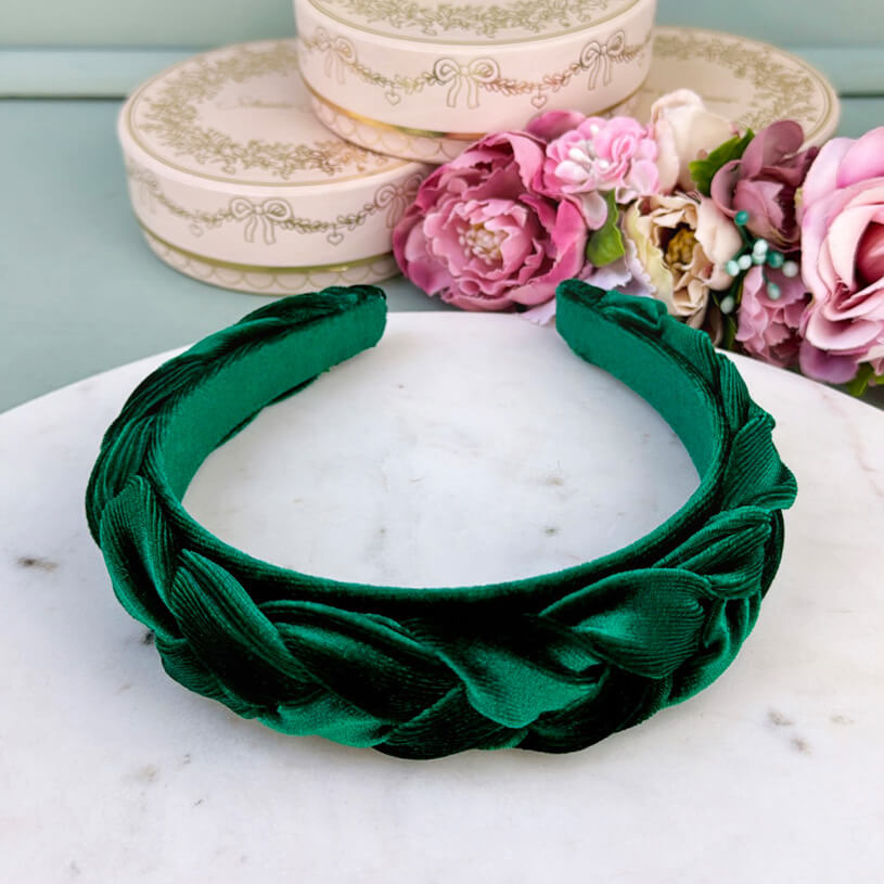 Schmaler geflochtener Samt-Haarreif in Dunkelgrün