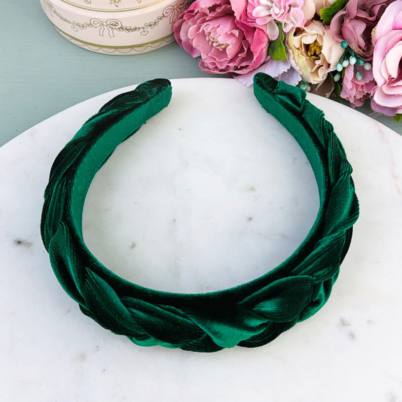 Schmaler geflochtener Samt-Haarreif in Dunkelgrün