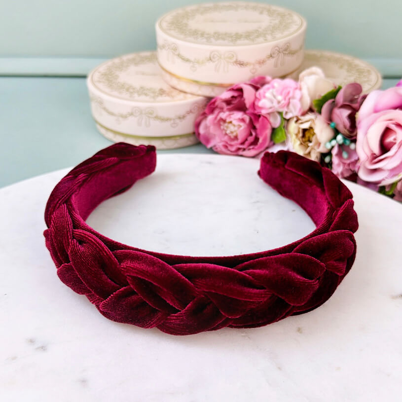 Schmaler geflochtener Samt-Haarreif in Dunkelrot