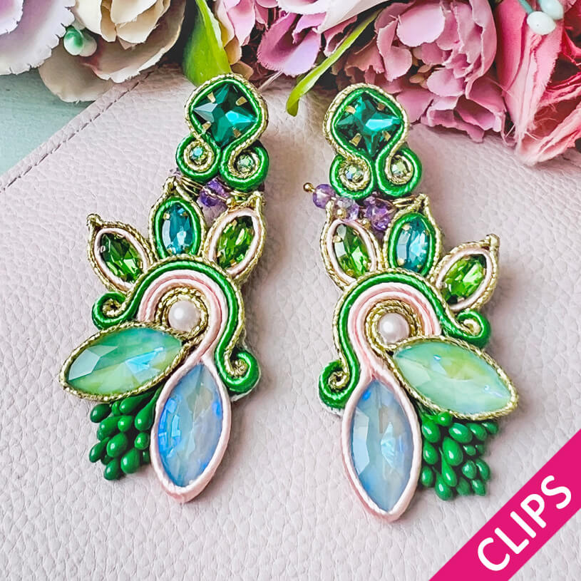 Extravagante Soutache-Ohrclips in Grüntönen
