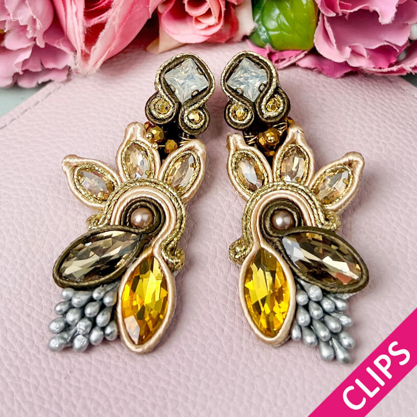 Extravagante Soutache-Ohrclips in Gold und Braun