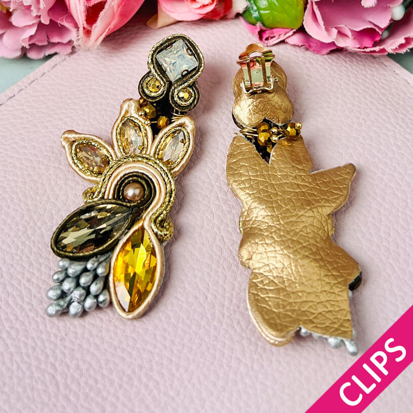 Extravagante Soutache-Ohrclips in Gold und Braun