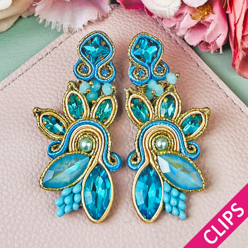 Extravagante Soutache-Ohrclips in Blau und Gold