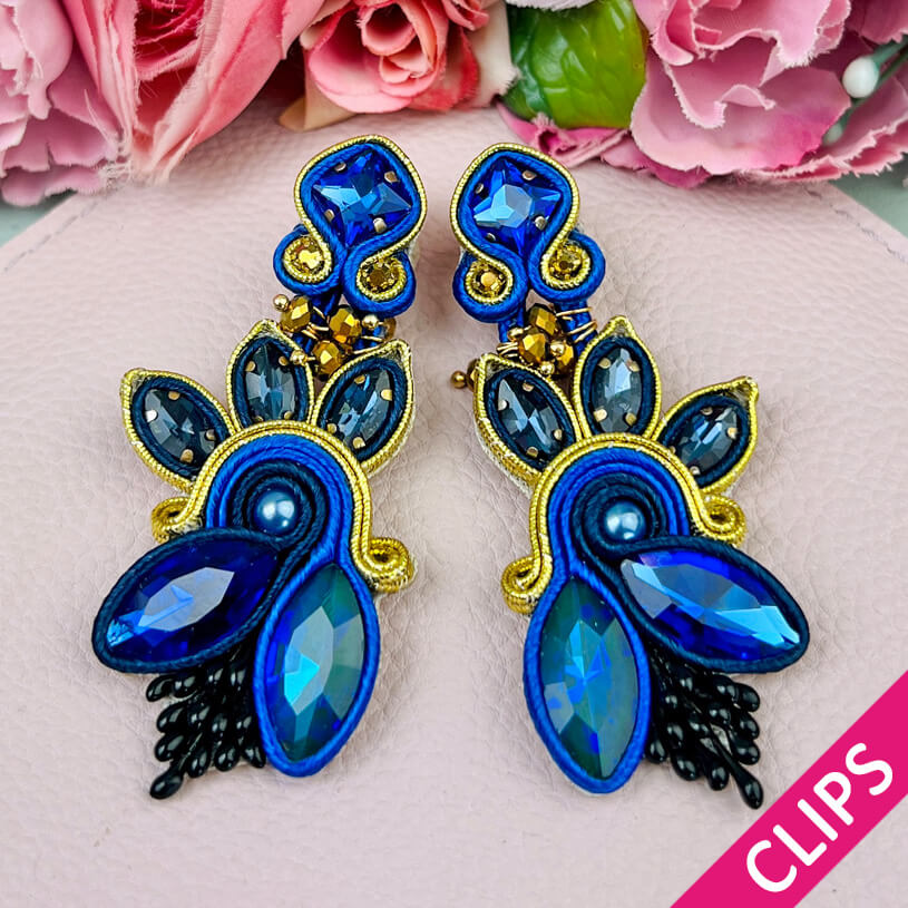 Extravagante Soutache-Ohrclips in Dunkelblau