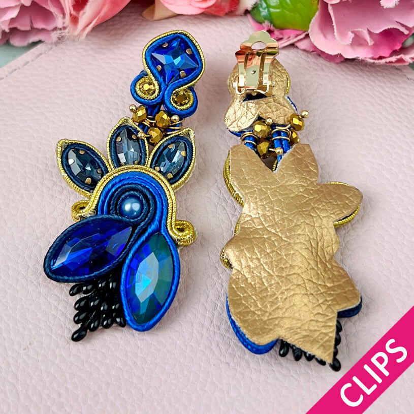 Extravagante Soutache-Ohrclips in Dunkelblau