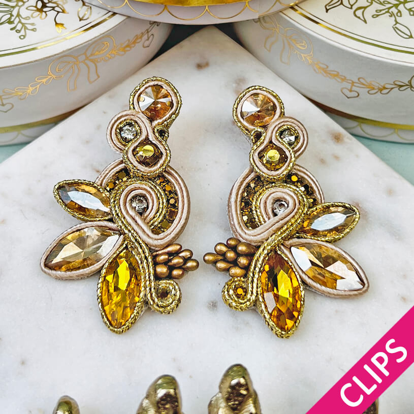 Extravagante Soutache-Ohrclips in Champagner und Gold
