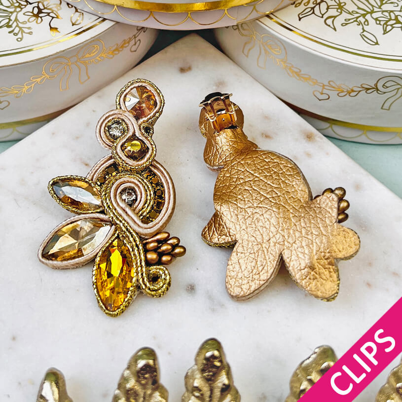 Extravagante Soutache-Ohrclips in Champagner und Gold