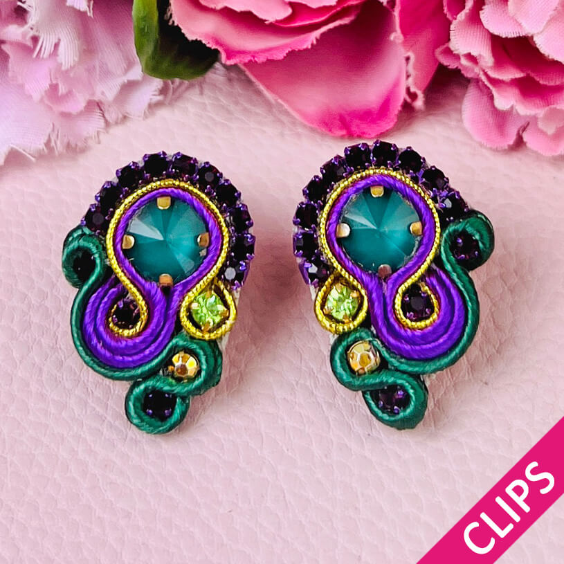 Schöne Soutache-Ohrclips in Violett und Grün