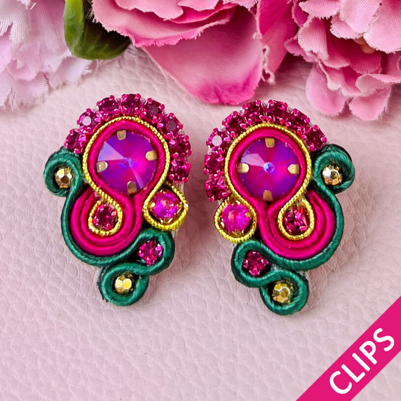 Schöne Soutache-Ohrclips in Pink und Grün