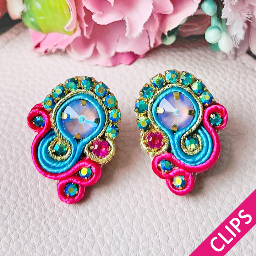 Schöne Soutache-Ohrclips in Pink und Blau