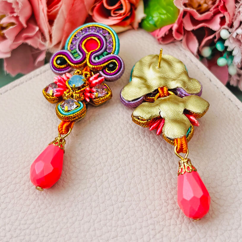 Edle Soutache-Ohrringe in leuchtendem Pink, Türkis und Violett
