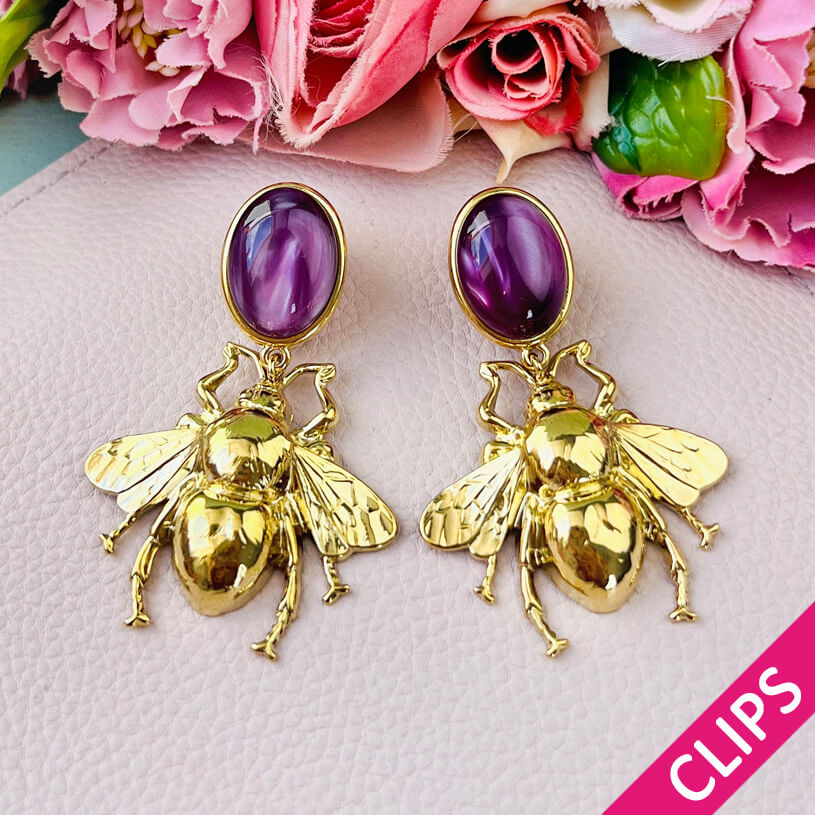 Amethystfarbene Ohrclips mit vergoldeter Hummel von AmuseToi