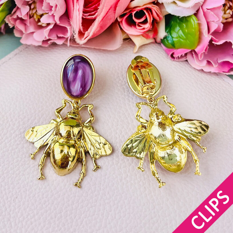 Amethystfarbene Ohrclips mit vergoldeter Hummel von AmuseToi
