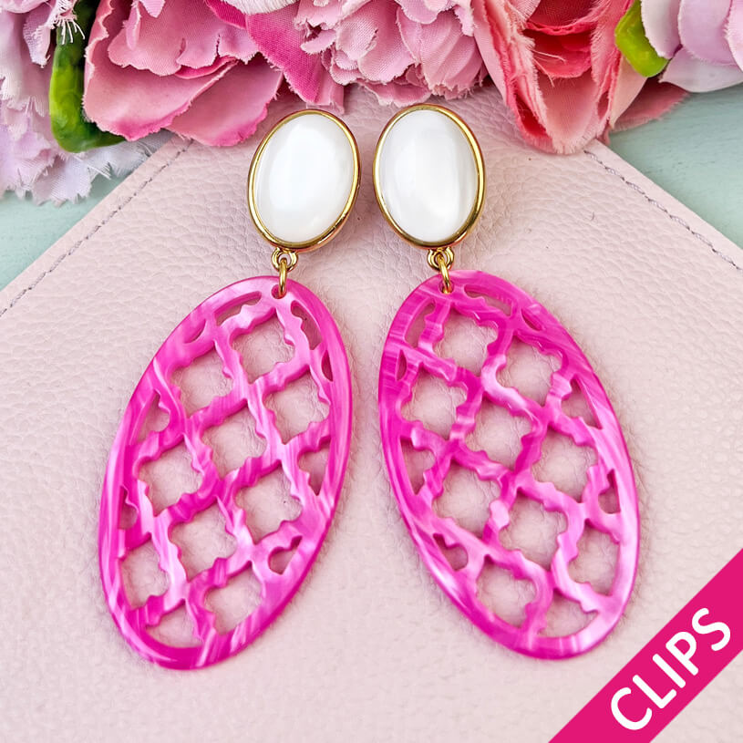Vergoldete Ohrclips in wunderschönem Perlmutt mit Oval in Pink im Marrakesch-Stil