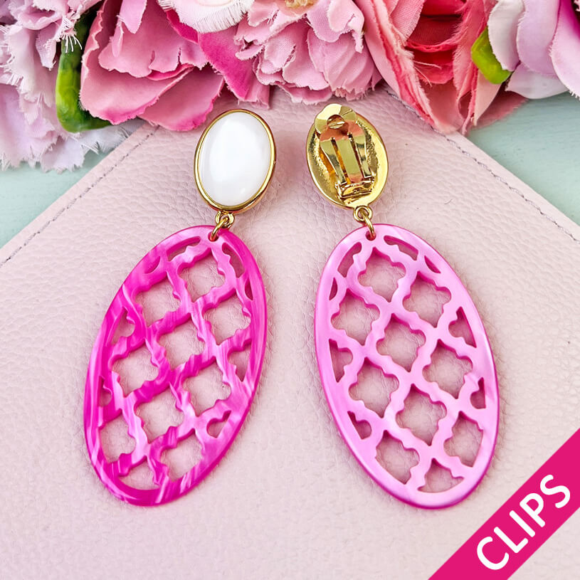 Vergoldete Ohrclips in wunderschönem Perlmutt mit Oval in Pink im Marrakesch-Stil