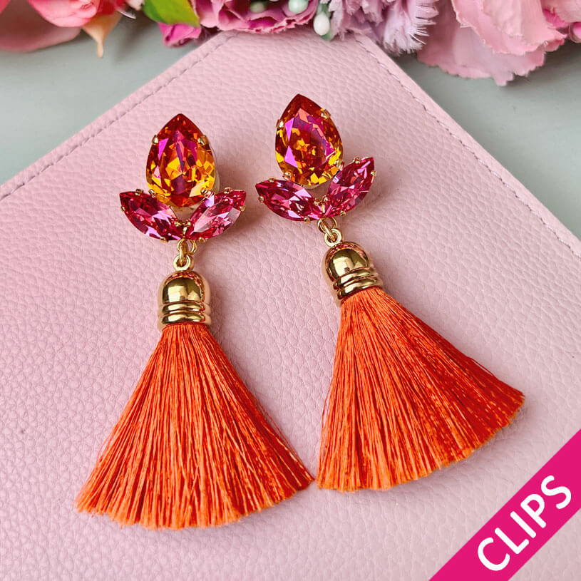 Glitzernde Ohrclips mit Glas-Kristallen in Pink und Orange mit edler Quaste