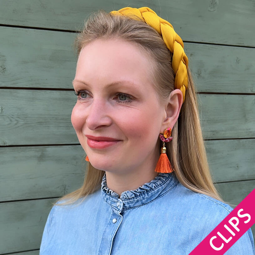 Glitzernde Ohrclips mit Glas-Kristallen in Pink und Orange mit edler Quaste