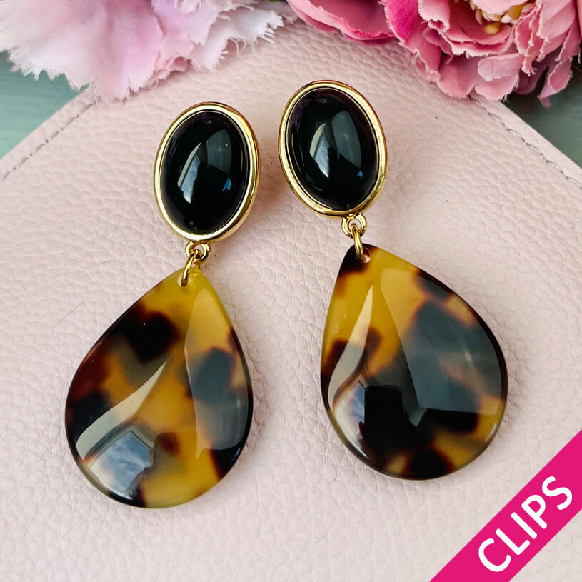Schwarze Ohrclips mit Tropfen in Schildpatt-Optik