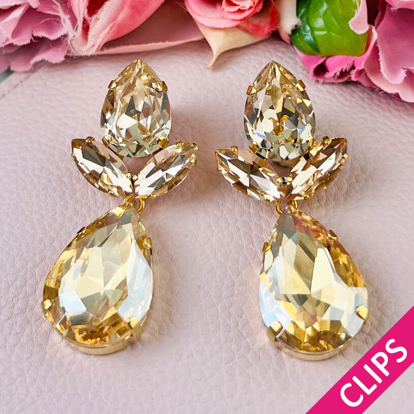 Champagnerfarbene Tropfen-Ohrclips mit Glas-Kristallen