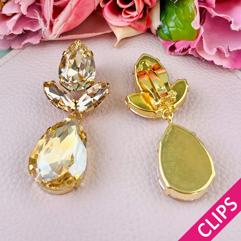 Champagnerfarbene Tropfen-Ohrclips mit Glas-Kristallen