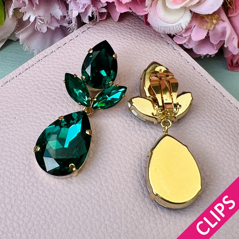 Tropfen-Ohrclips mit Glas-Kristallen in Dunkelgrün