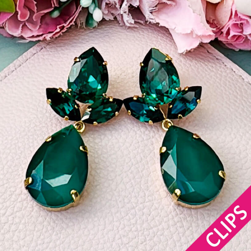 Tropfen-Ohrclips mit Glas-Kristallen in Dunkelgrüntönen