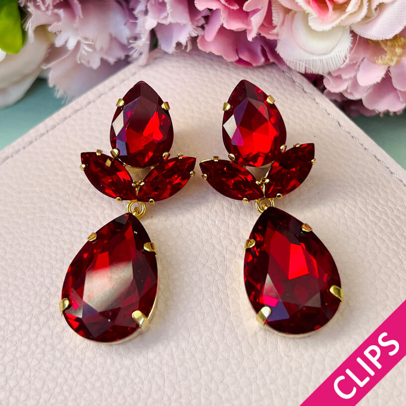 Tropfen-Ohrclips mit Glas-Kristallen in Dunkelrot