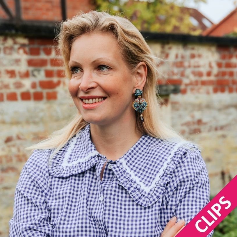 Extravagante Soutache-Ohrclips in Blau, Grün und Violett