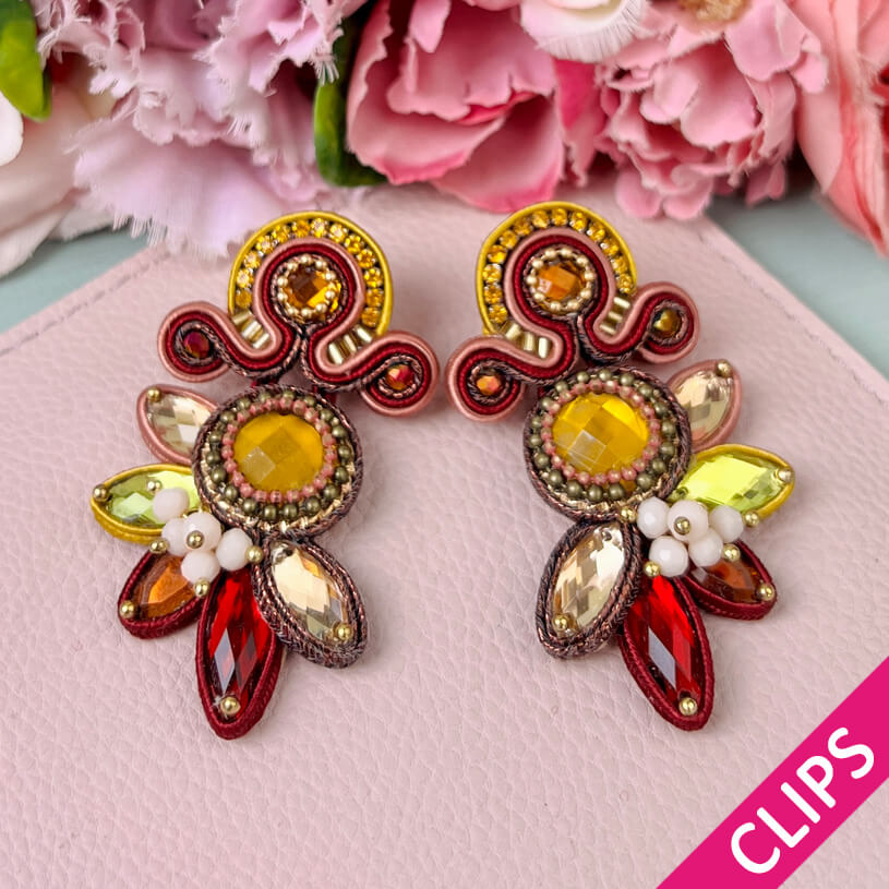 Aufwändige Soutache-Ohrclips in Braun, Rotbraun und Gold