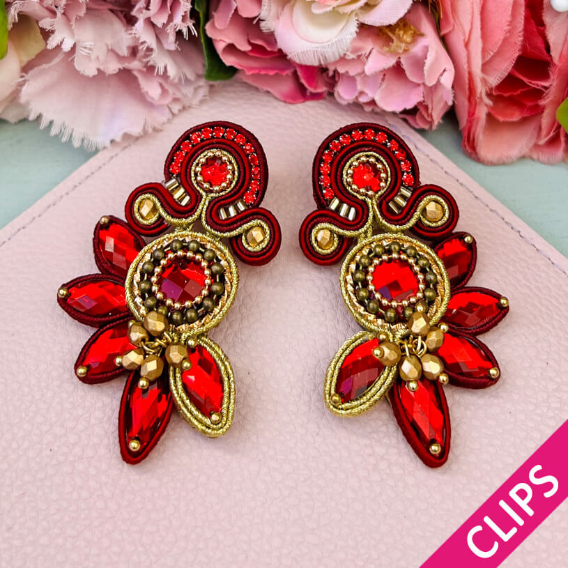 Aufwändige Soutacheohrclips in Rot und Gold