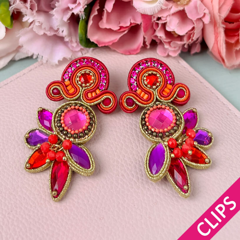 Aufwändige Soutache-Ohrclips in Pink und Violett