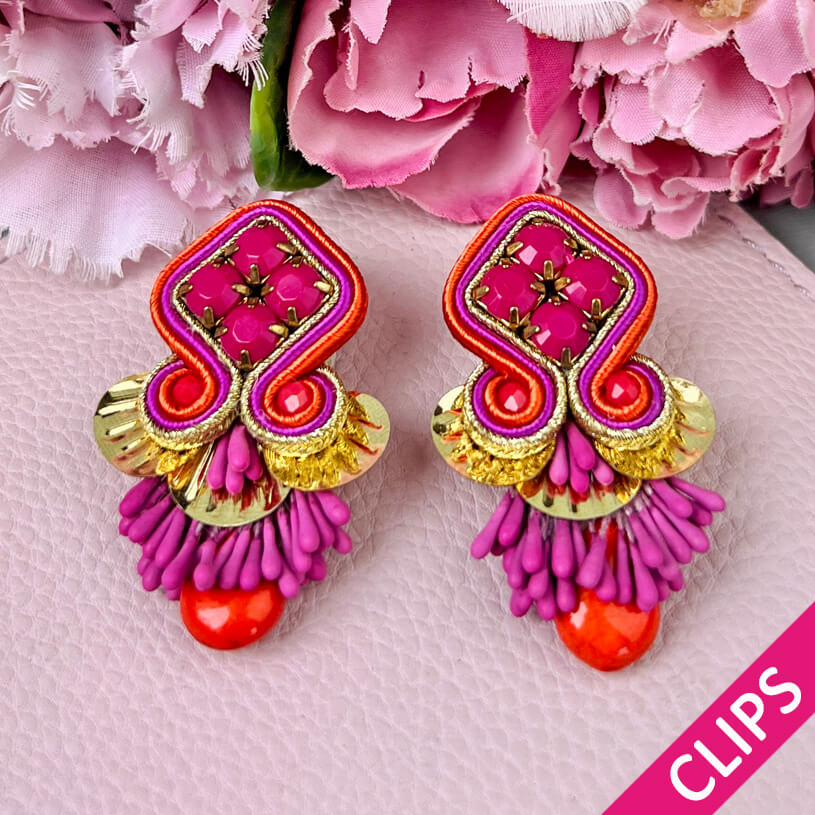 Schöne Soutache-Ohrclips in Pink und Gold mit Tropfen