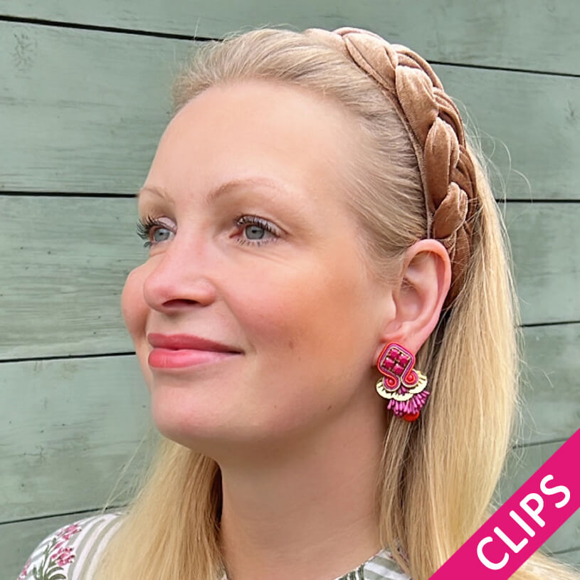 Schöne Soutache-Ohrclips in Pink und Gold mit Tropfen