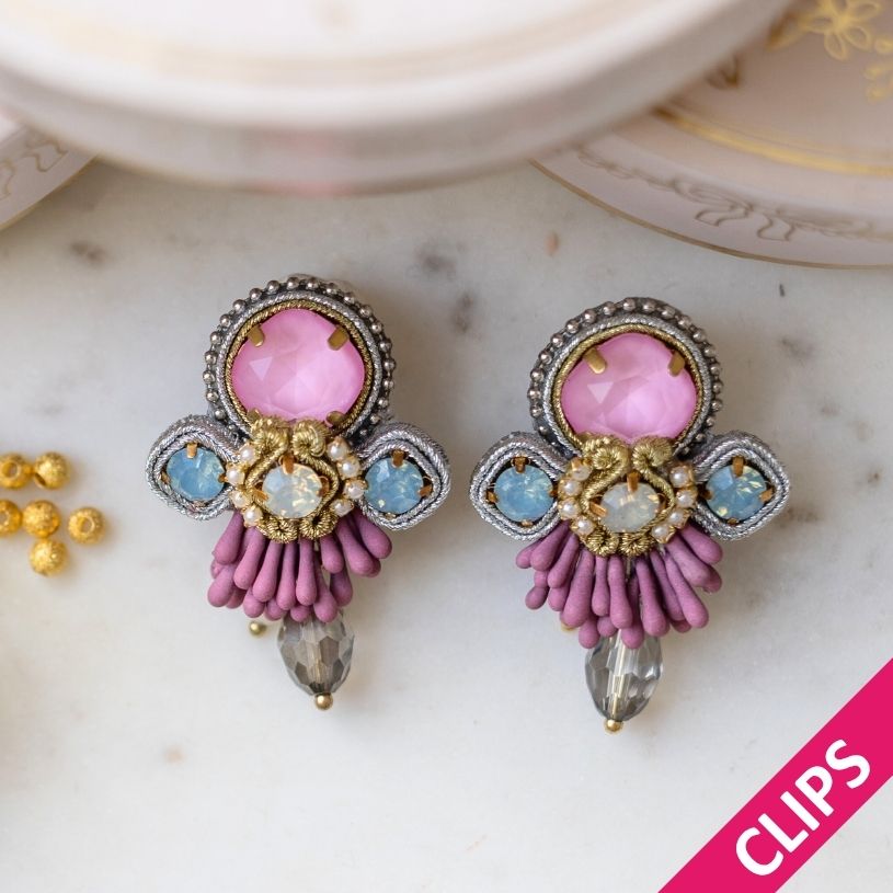 Zeitlose Soutache-Ohrclips in pastelligem Magenta, Rosa und Hellblau