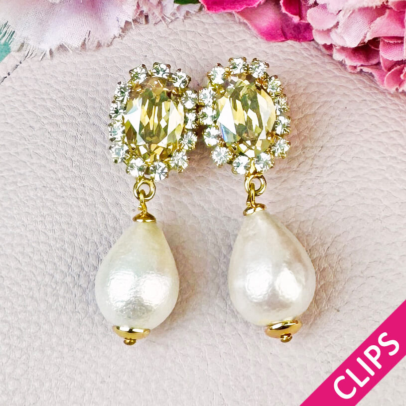 Edel funkelnde Ohrclips in Champagner mit leichtem Baumwolltropfen