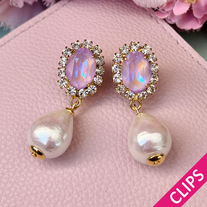 Edel funkelnde Ohrclips in Flieder mit leichtem Baumwolltropfen