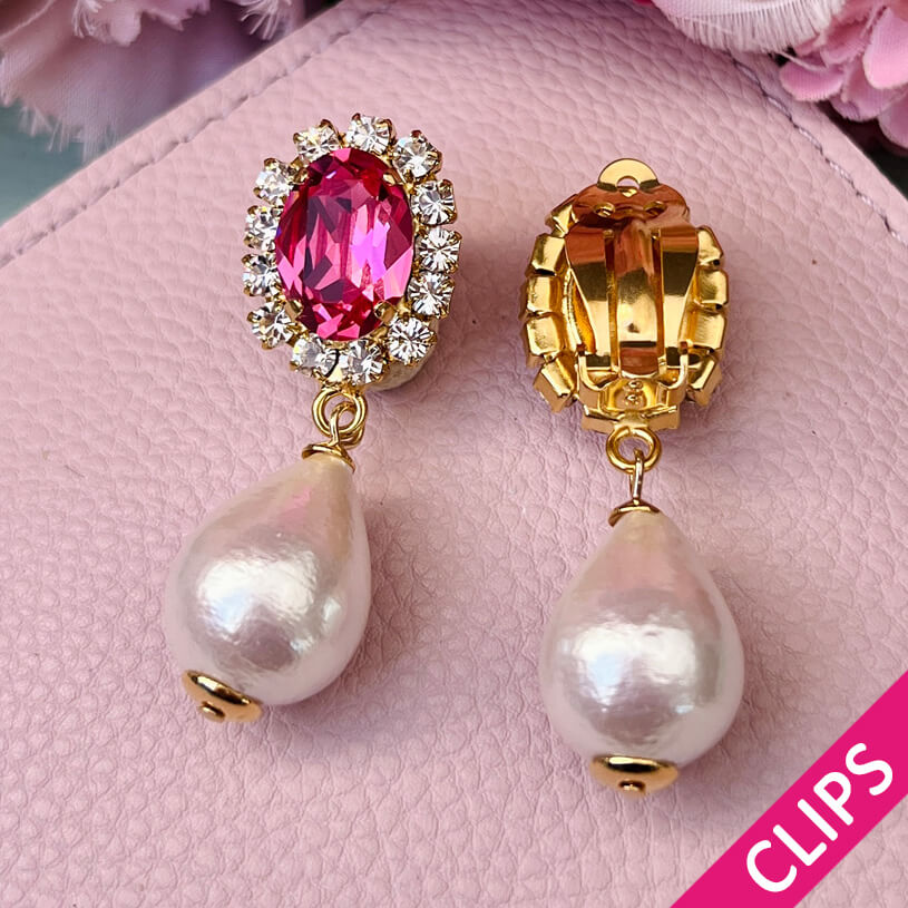 Edel funkelnde Ohrclips in Pink mit leichtem Baumwolltropfen