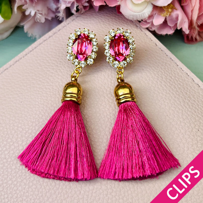 Edel funkelnde Ohrclips in Pink mit Quaste