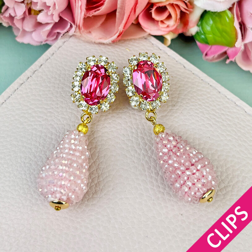 Edel funkelnde Ohrclips in Rosa mit glitzerndem Tropfen