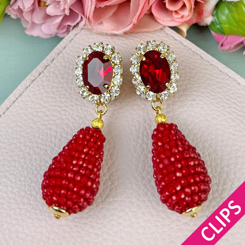 Edel funkelnde Ohrclips in Rot mit glitzerndem Tropfen