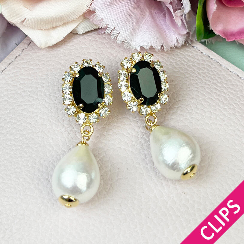 Edel funkelnde Ohrclips in Schwarz mit leichtem Baumwolltropfen