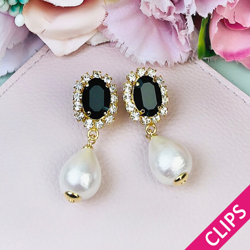 Edel funkelnde Ohrclips in Schwarz mit leichtem Baumwolltropfen