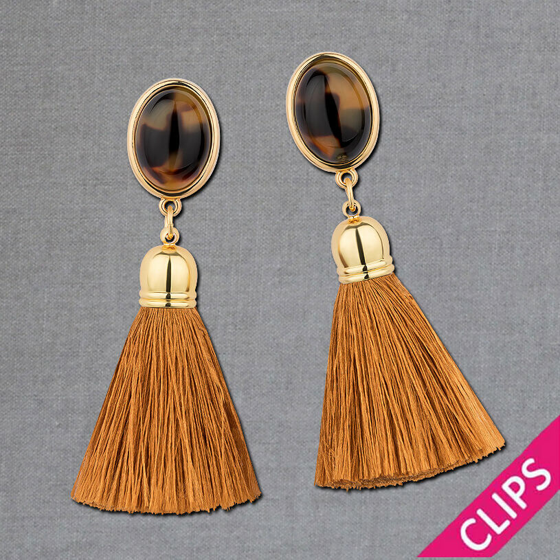 Vergoldete Ohrclips in Schildpattfarben mit edlen goldbraunen Quasten