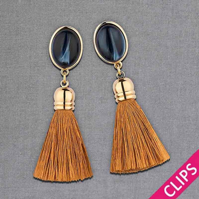 Vergoldete Ohrclips in Dunkelblau mit edlen Quasten in Goldbraun