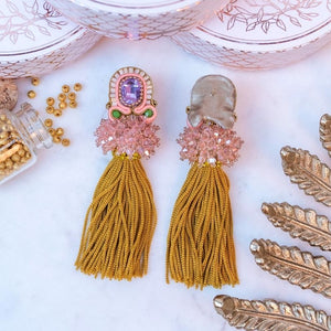 Auffällige Soutache-Quastenohrringe in Rosa, Flieder und Senfgelb