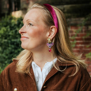 Modische Soutache-Ohrringe in Violett, Pink und Grün