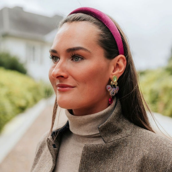 Modische Soutache-Ohrringe in Violett, Pink und Grün